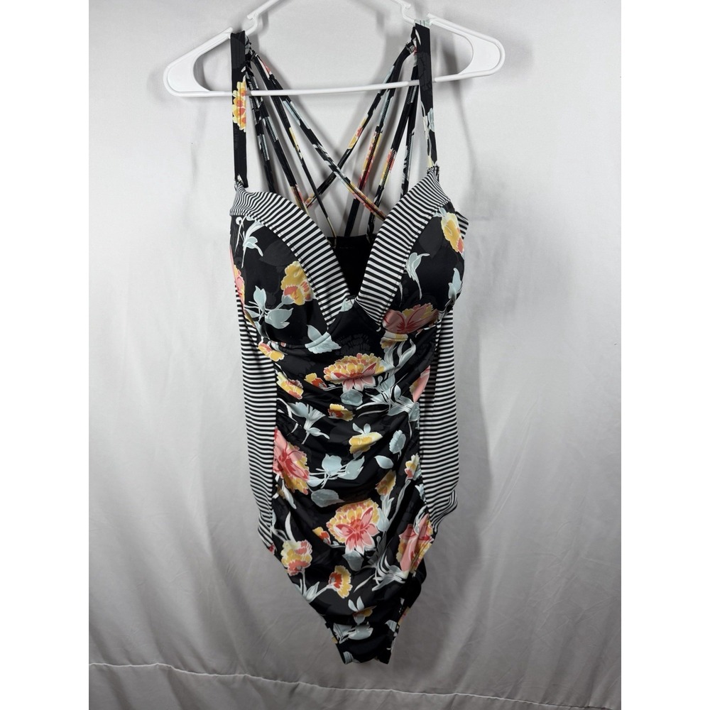Torrid One Piece Swimsuit Size 3 (3x)Floral Striped Strappy Back Ruched Tropical